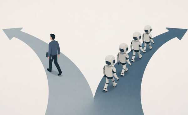 Human walking one direction while robots walk another