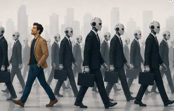 Man standing among robot businessmen