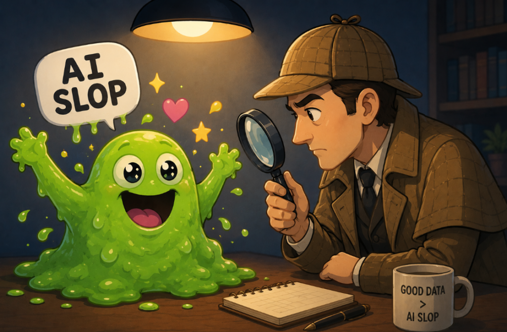A detective examining AI slop with a magnifying glass &mdash; good data vs AI slop