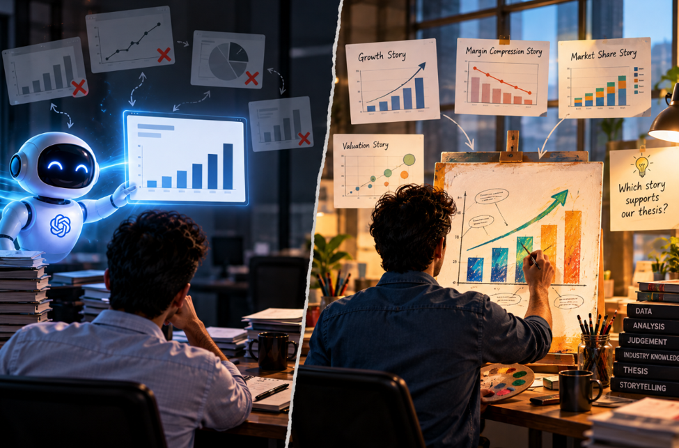 The same data can tell a growth, margin compression, market share or valuation story; the analyst decides which supports the thesis